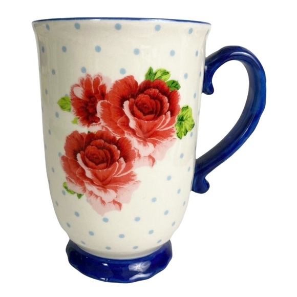 The Pioneer Woman Coffee Mug Heritage Floral Roses Blue Trim polka dot 18 fl oz - Picture 2 of 8